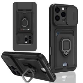 iPhone 16 Pro Kılıf Zuma Kartvizitli Yüzüklü Silikon - Siyah-(5796)