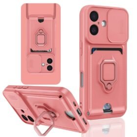 iPhone 16 Kılıf Zuma Kartvizitli Yüzüklü Silikon - Pembe-(5796)