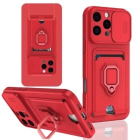 iPhone 16 Pro Kılıf Zuma Kartvizitli Yüzüklü Silikon - Kırmızı-(5796)