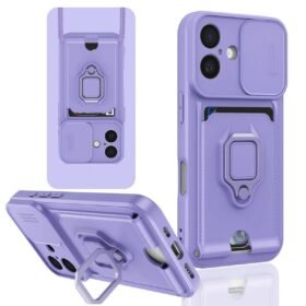 iPhone 16 Kılıf Zuma Kartvizitli Yüzüklü Silikon - Lila-(5796)