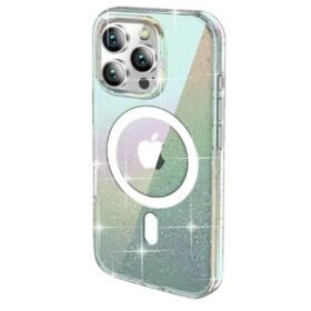 iPhone 15 Pro Rasasi Simli Magsafe Kapak - Şeffaf-(5796)