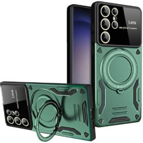 Samsung Galaxy S25 Ultra Kılıf Joy Lens Standlı Kapak - Koyu Yeşil-(5796)