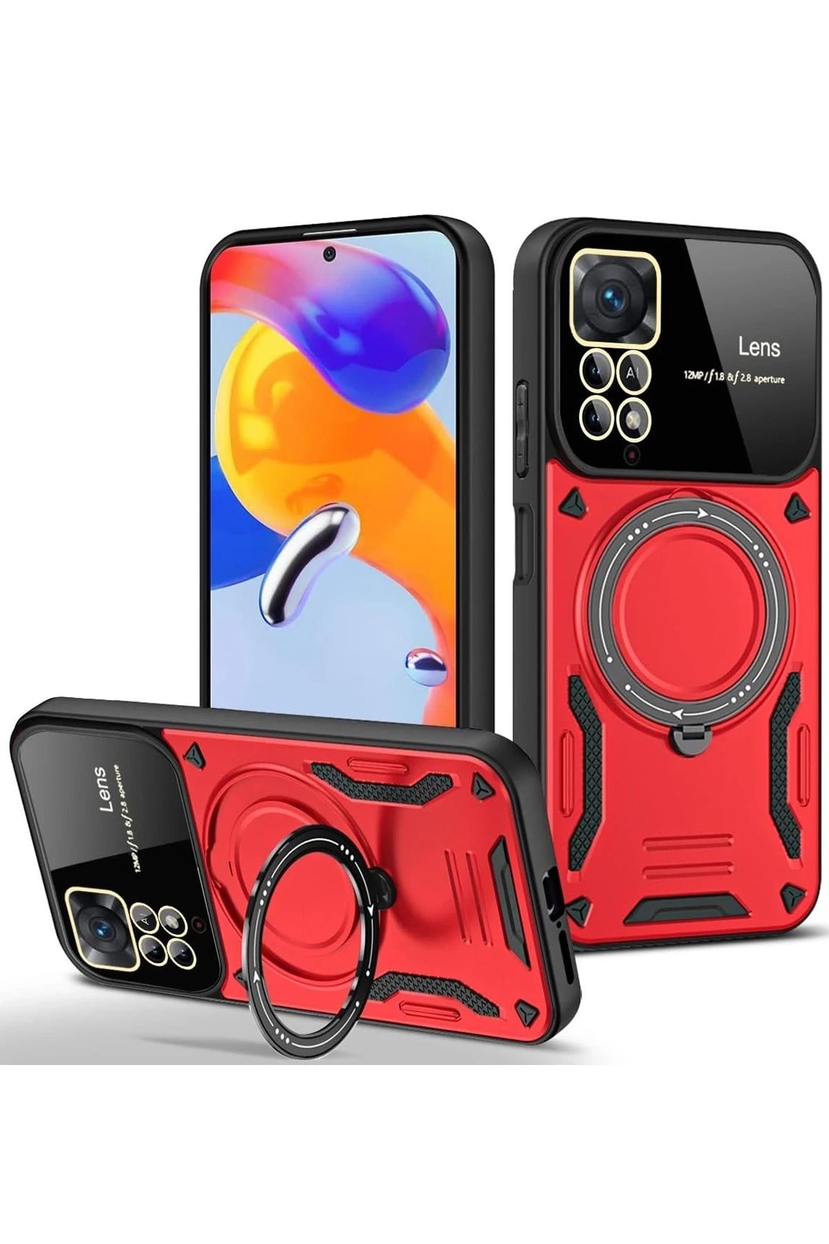 Xiaomi Redmi Note 11 Pro Kılıf Joy Lens Standlı Kapak - Kırmızı-(5796)