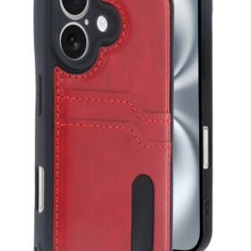 iPhone 16 Kılıf Sara Kartvizitli Deri Kılıf - Kırmızı-(5796)