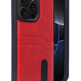 iPhone 14 Pro Max Kılıf Sara Kartvizitli Deri Kılıf - Kırmızı-(5796)