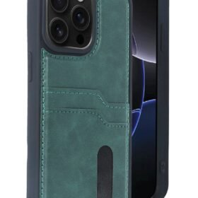 iPhone 14 Pro Max Kılıf Sara Kartvizitli Deri Kılıf - Koyu Yeşil-(5796)