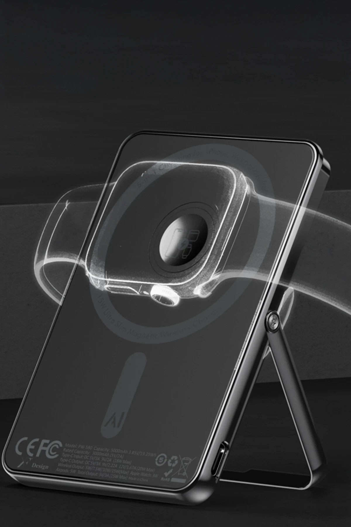 PW580 5.000 mAh 20W Type-C 15W Kablosuz Şarj 3W Saat Şarj ve 5W Kulaklık Şarj Destekli PD Hızlı Şarj Magsafe Powerbank - Siyah-(5796) - Görsel 2