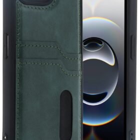 iPhone 16E Kılıf Sara Kartvizitli Deri Kılıf - Koyu Yeşil-(5796)