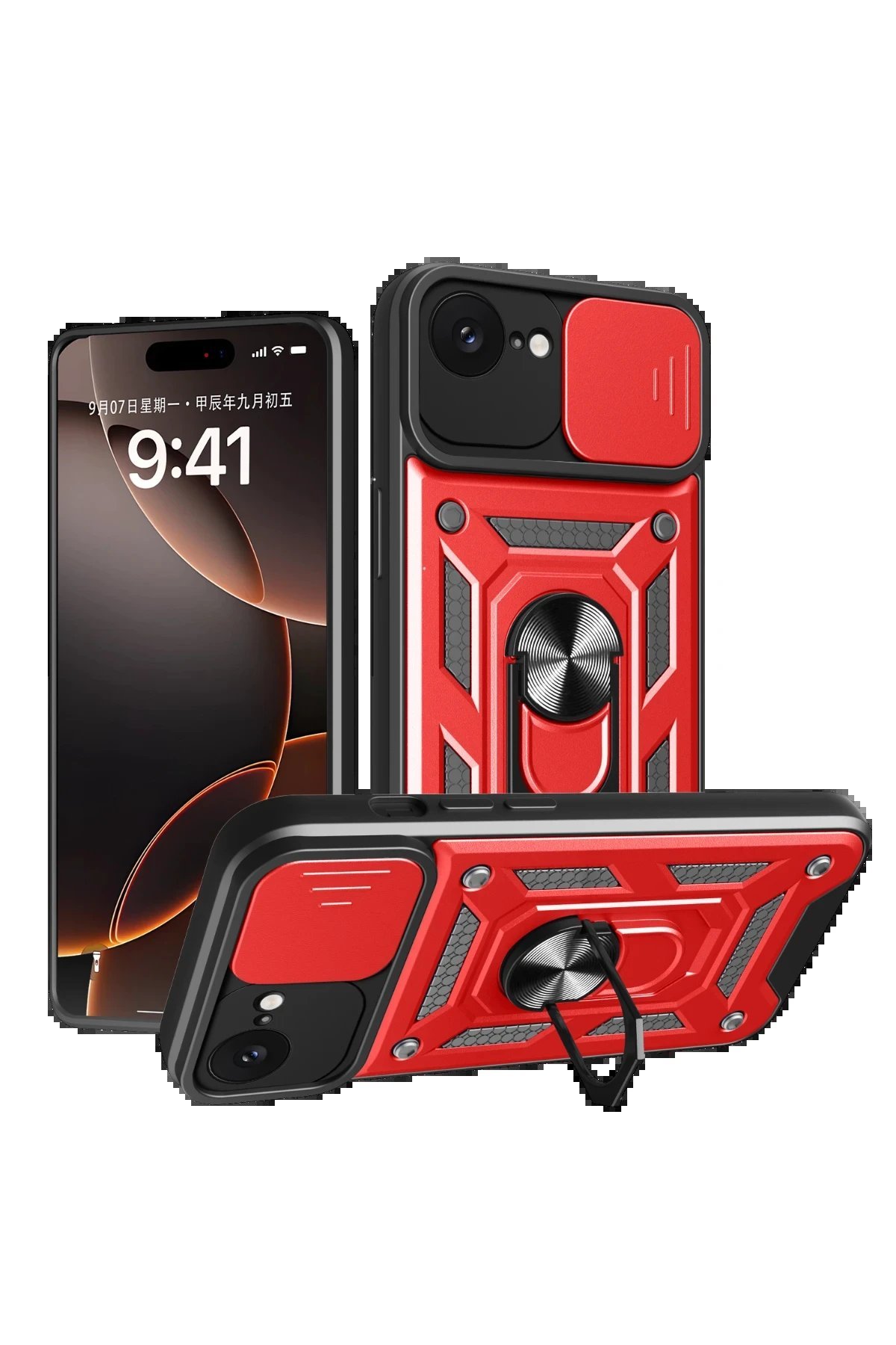 iPhone 16E Kılıf Pars Lens Yüzüklü Silikon - Kırmızı-(5796)