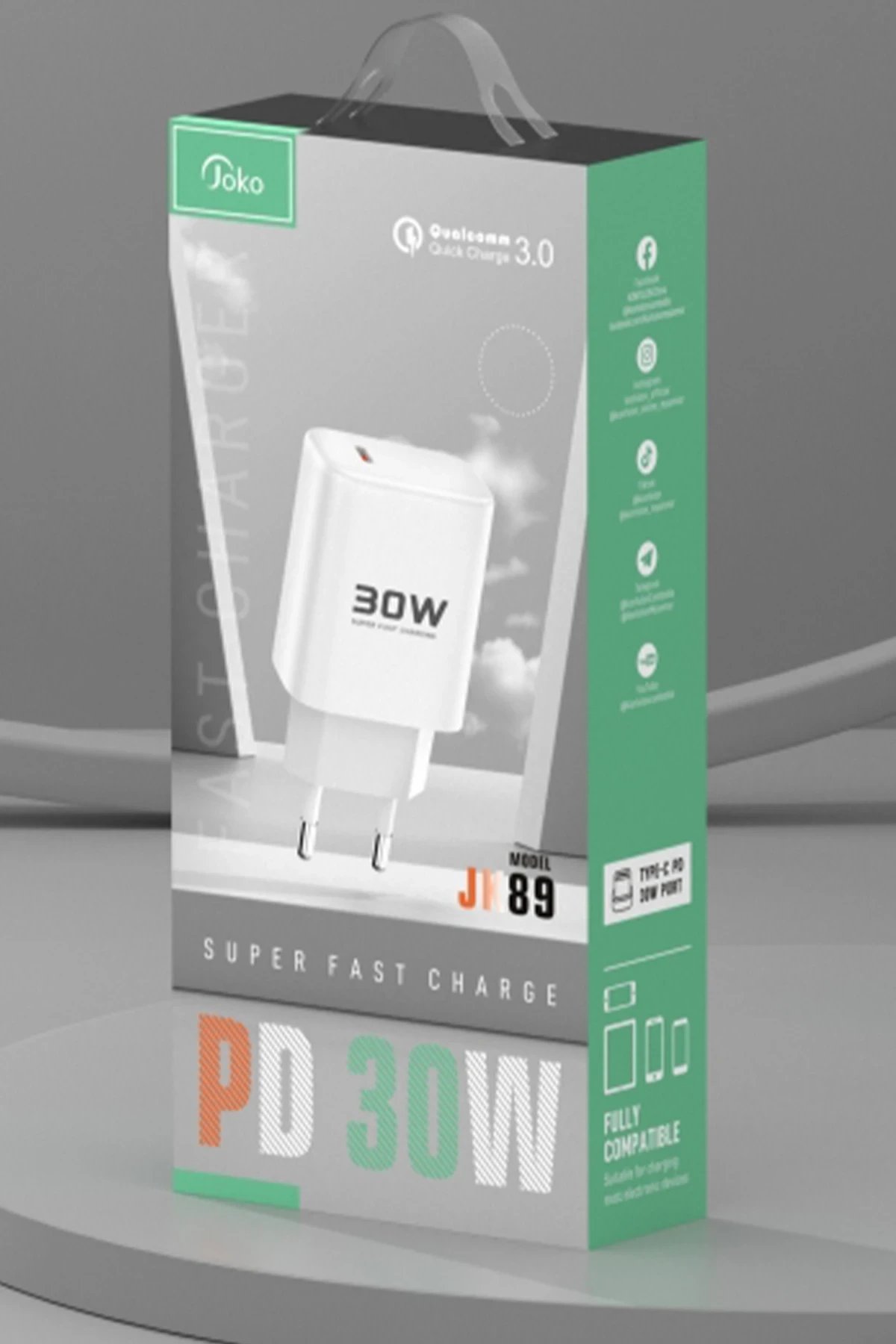 JK89 30W Type-C Çıkışlı Ekstra DC66 1M Type-C to Lightning Kablolu PD Şarj Cihazı - Beyaz-(5796) - Görsel 4