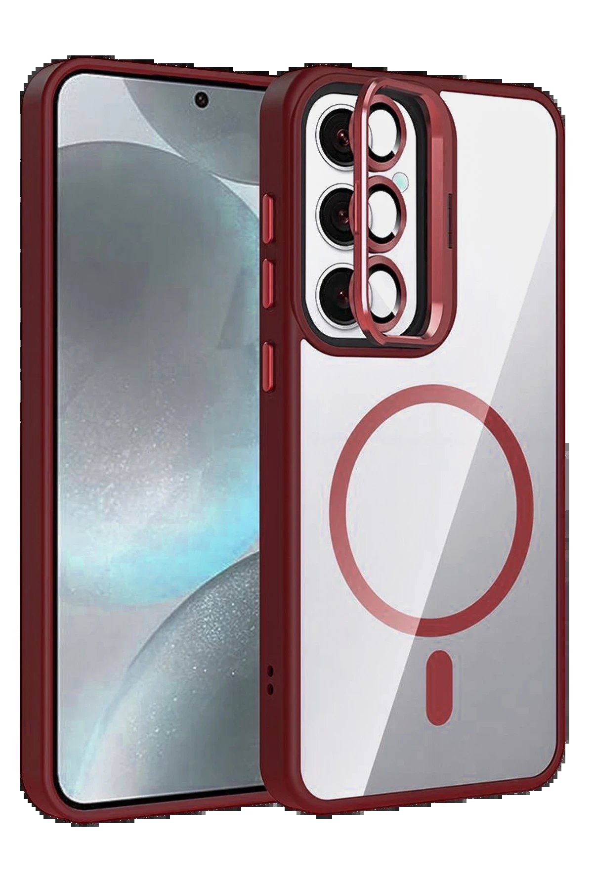 Samsung Galaxy S25 Remim Lensli Magsafe Standlı Kapak - Bordo-(5796)