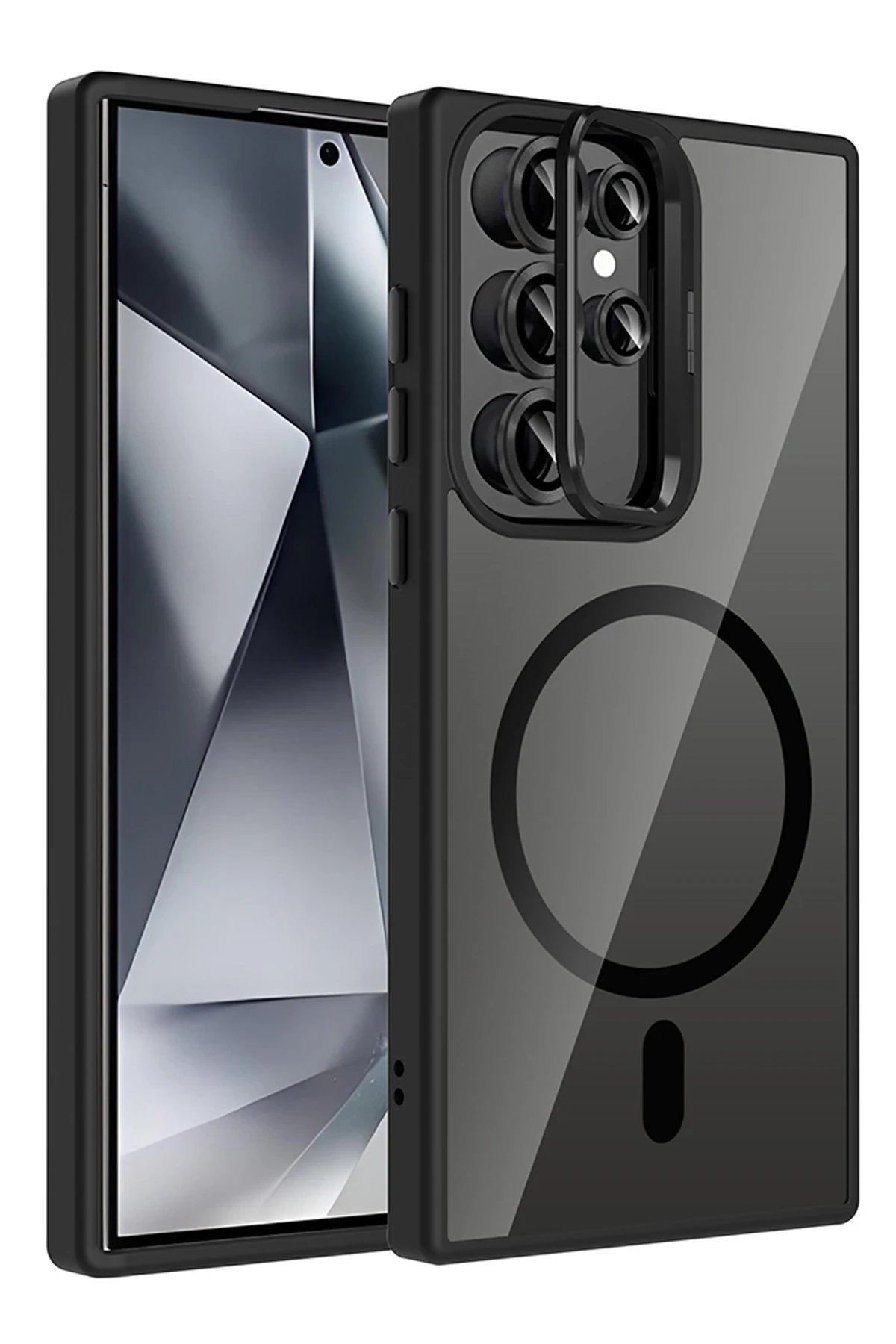 Samsung Galaxy S25 Ultra Remim Lensli Magsafe Standlı Kapak - Siyah-(5796)