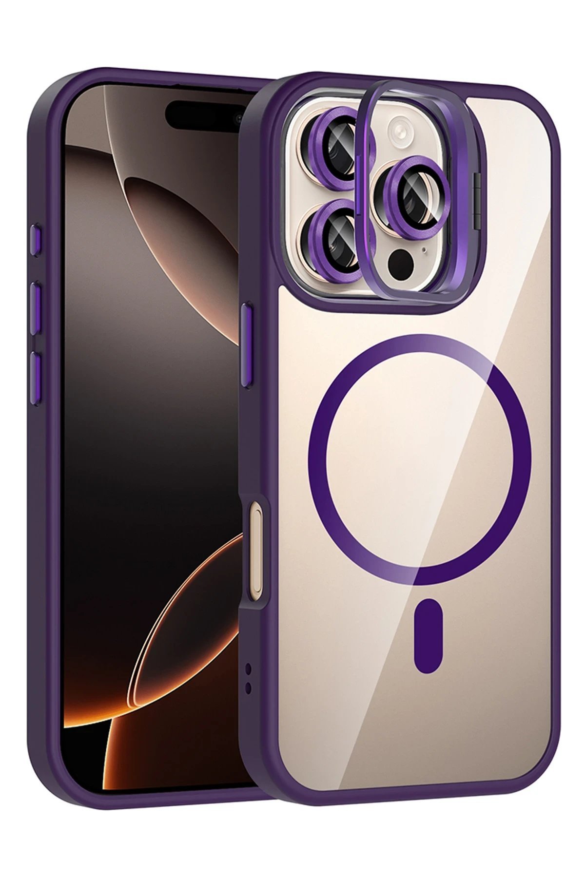 Apple iPhone 16 Pro Max Remim Lensli Magsafe Standlı Kapak - Derin Mor-(5796)