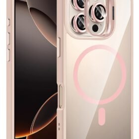 Apple iPhone 16 Pro Max Remim Lensli Magsafe Standlı Kapak - Pembe-(5796)