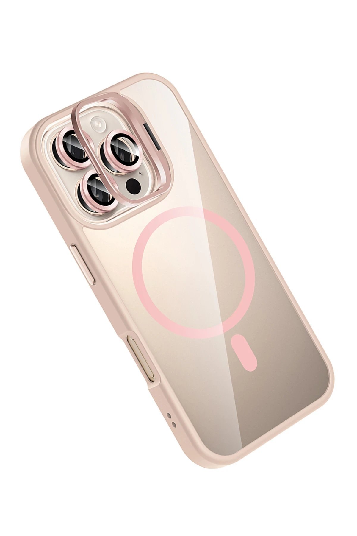 Apple iPhone 16 Pro Max Remim Lensli Magsafe Standlı Kapak - Pembe-(5796) - Görsel 3