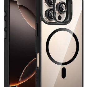 Apple iPhone 16 Pro Max Remim Lensli Magsafe Standlı Kapak - Siyah-(5796)
