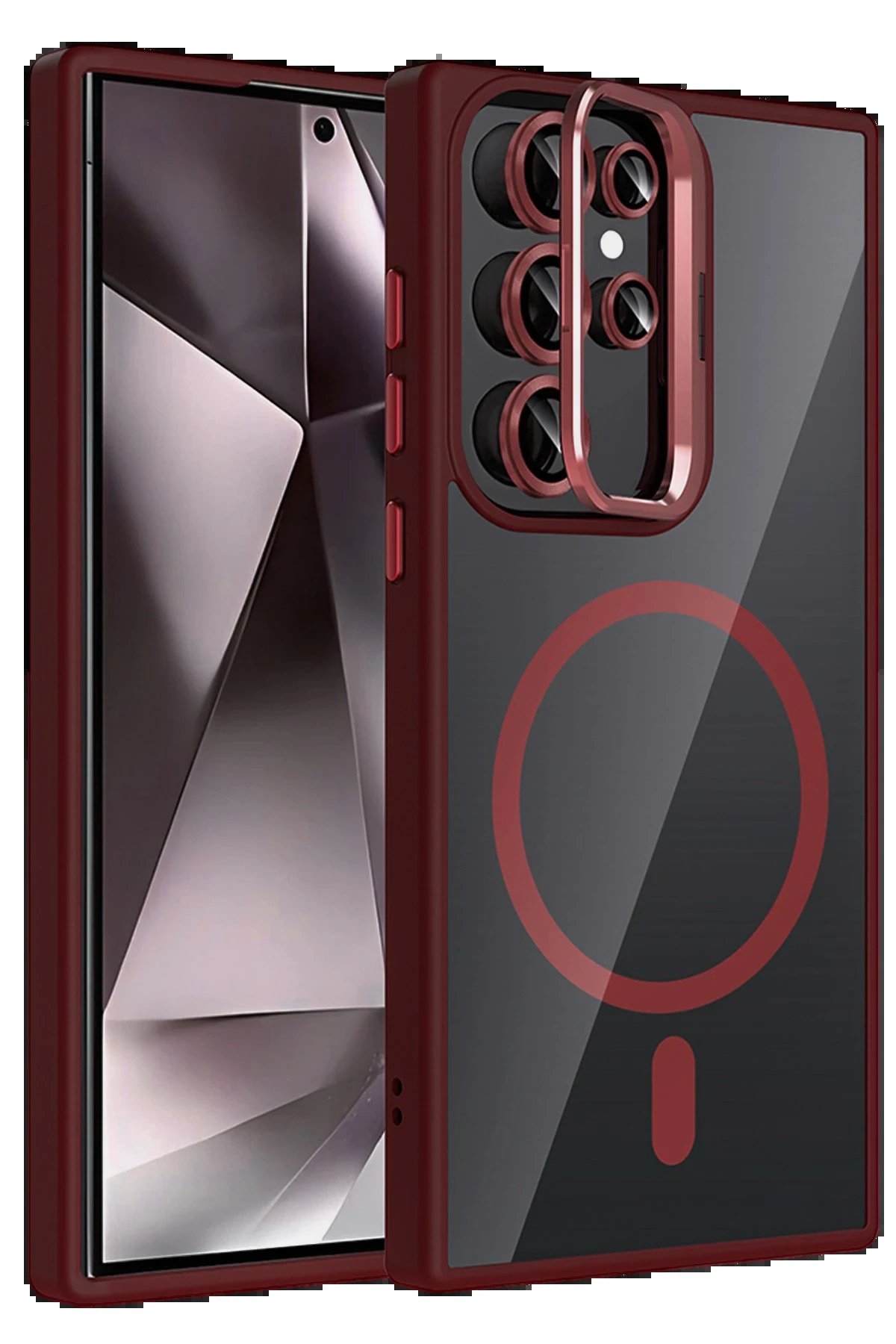 Samsung Galaxy S24 Ultra Remim Lensli Magsafe Standlı Kapak - Bordo-(5796)