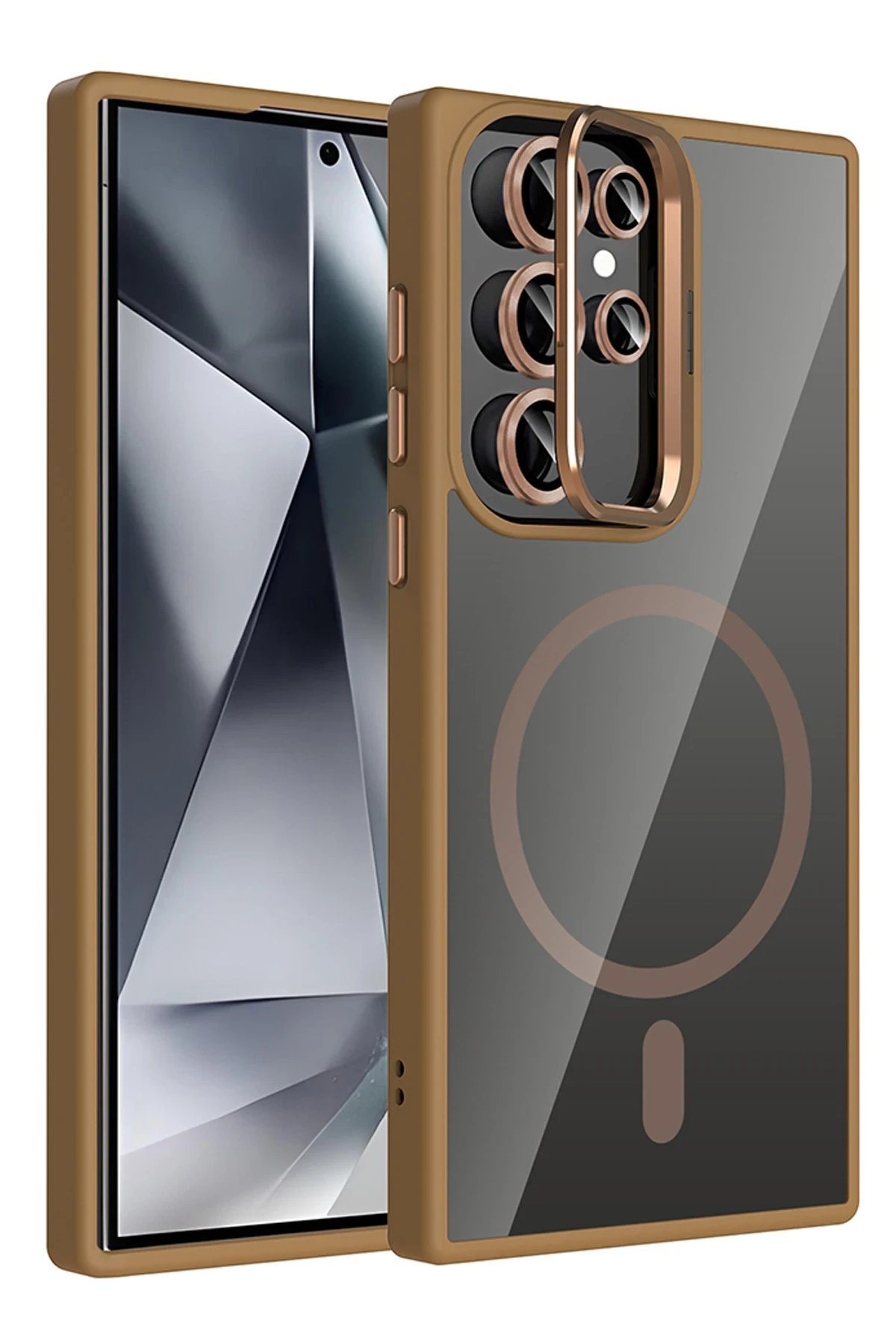 Samsung Galaxy S24 Ultra Remim Lensli Magsafe Standlı Kapak - Kahverengi-(5796)