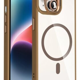 Apple iPhone 14 Remim Lensli Magsafe Standlı Kapak - Kahverengi-(5796)