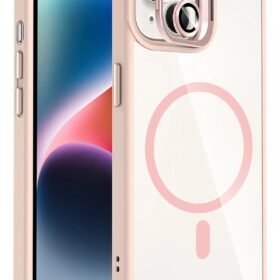 Apple iPhone 14 Remim Lensli Magsafe Standlı Kapak - Pembe-(5796)