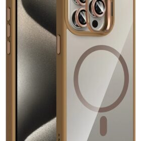 Apple iPhone 14 Pro Max Remim Lensli Magsafe Standlı Kapak - Kahverengi-(5796)