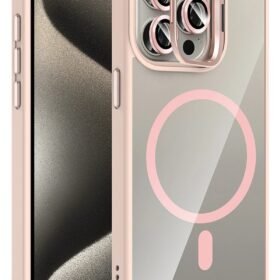 Apple iPhone 14 Pro Max Remim Lensli Magsafe Standlı Kapak - Pembe-(5796)