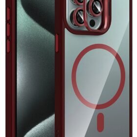 Apple iPhone 15 Pro Max Remim Lensli Magsafe Standlı Kapak - Bordo-(5796)