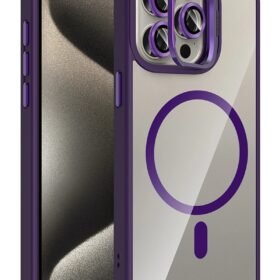 Apple iPhone 15 Pro Max Remim Lensli Magsafe Standlı Kapak - Derin Mor-(5796)
