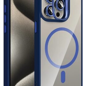 Apple iPhone 15 Pro Max Remim Lensli Magsafe Standlı Kapak - Lacivert-(5796)