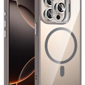 Apple iPhone 15 Pro Max Remim Lensli Magsafe Standlı Kapak - Titan Gri-(5796)