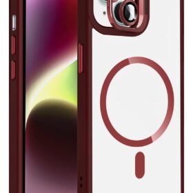 Apple iPhone 13 Remim Lensli Magsafe Standlı Kapak - Bordo-(5796)