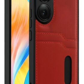 Oppo A38 Sara Kartvizitli Deri Kılıf - Kırmızı-(5796)