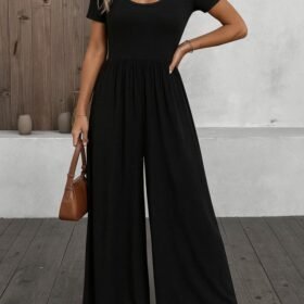 Kadın Kısa Kollu Yuvarlak Yaka Geniş Paçalı Bürümcük Tulum