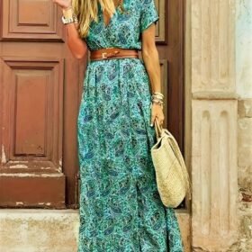 Kadın Kısa Kollu V Yaka Etnik Desenli Yırtmaç Detay Süprem Elbise (kemersiz)