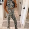 Kadın Dalgıç Kumaş Dijital Leopar Baskılı şerit Detaylı Takım