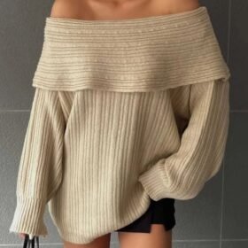 Kadın Uzun Kollu Katlama Detay Madonna Yaka Salaş Kazak