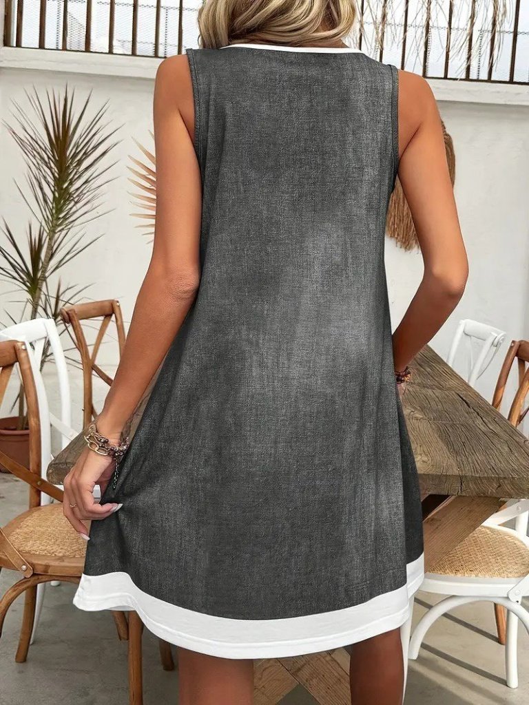 Kadın Askılı Yuvarlak Yakalı Kot Görünümlü Kısa Süprem Elbise - Görsel 4