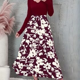 Kadın Uzun Kollu Yaka Açık üst Kaşkorse Beli Kuşaklı Alt çiçek Baskılı Dalgıç Elbise