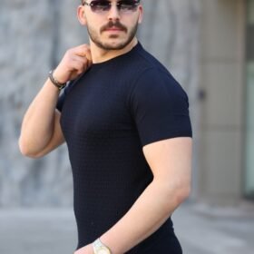 Erkek Viskon Kumaş Bisiklet Yaka Desenli Tişört