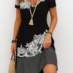 Kadın Kısa Kollu V Yakalı çiçek Baskılı Süprem Elbise