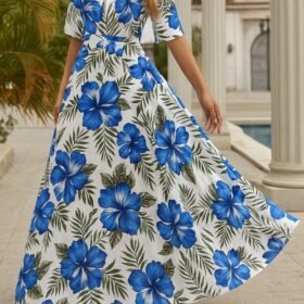 Kadın Kısa Kollu V Yakalı Desenli Süprem Elbise