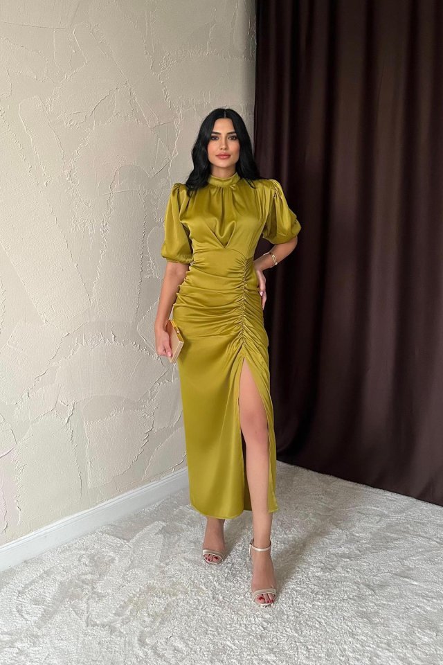 Yağ Yeşili Büzgülü Saten Elbise - Görsel 3