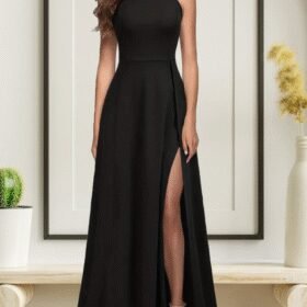 Kadın Halter Yaka Derin Yırtmaç Detaylı Tam Boy Ithal Krep Abiye Elbise