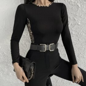 Kadın Uzun Kollu Leopar şeritli Viskon Bluz