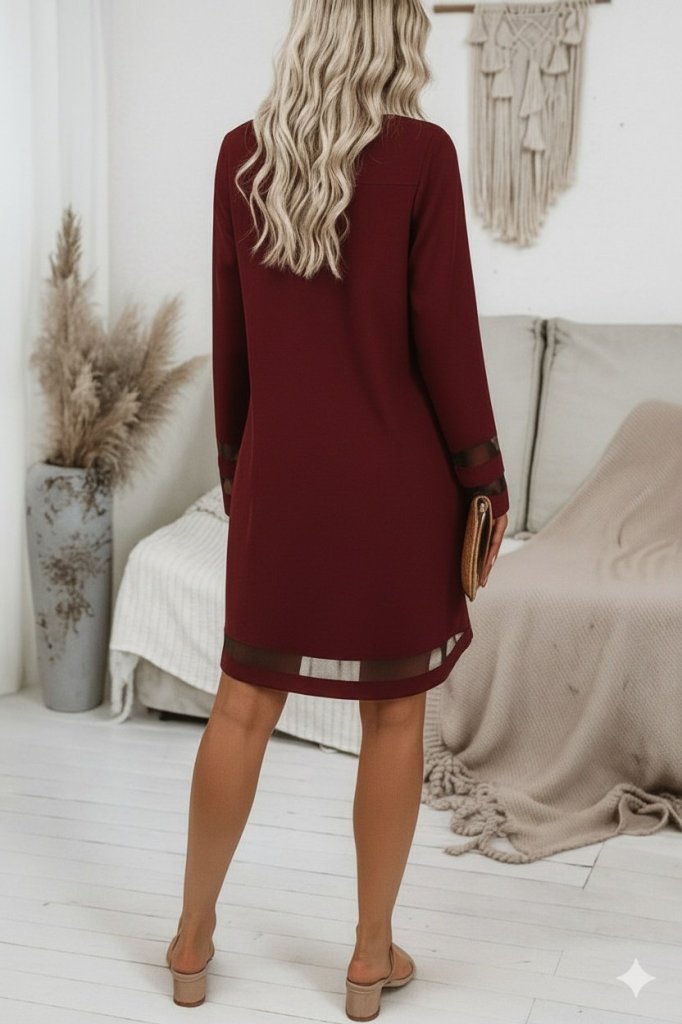 Kadın Uzun Kollu V Yakalı Tül şerit Detaylı Mini Krep Elbise - Görsel 3