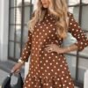 Kadın Uzun Kollu Bisiklet Yaka Fırfırlı Puantiyeli Kısa Modal Elbise