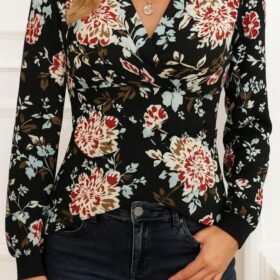 Kadın Uzun Kollu Kruvaze Yakalı Kelebek Desenli şardonlu Dalgıç Bluz