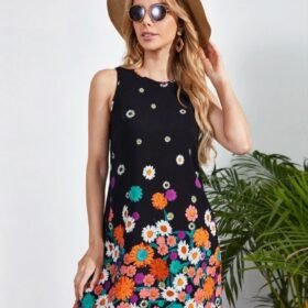 Kadın Sıfır Kollu Bisiklet Yaka çiçek Desenli Süprem Mini Elbise