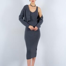 Fitilli Elbise Hırkalı Takım - Füme