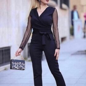 Kadın Uzun Kollu Kruvaze Yakalı Kolları Tül Detay Beli Kuşaklı Ithal Krep Tulum